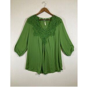 Boho Chic Lucky B Womens XXXL Green Crochet Lace V-Neck 3/4 Sleeve Tunic Blouse